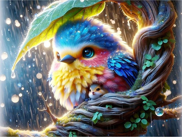 EverShine 5D Diamantmalerei DIY-Set Vogel im Regen mit Mosaik-Blättern und Regenschirm, Wanddekoration Multicolor, B/H: 30 x 30 cm - Bild 1