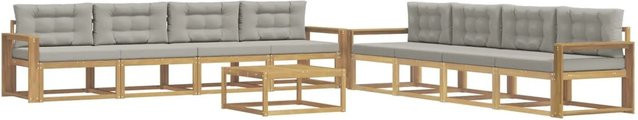 vidaXL Outdoor-Sofagarnitur aus Akazienholz in L-Form mit Polstern, Weiß, Grau und Braun, B/T/H: 79 x 79 x 37 cm - Bild 1