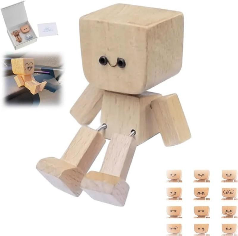 Handgefertigte Wackelnde Holzmann Figur für das Auto mit 12 magnetischen Gesichtsausdrücken in Braun - Bild 2