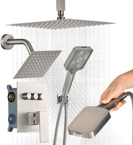 VEVOR Duschsystem-Set mit Regenduschkopf, Wandmontagekopf und 4 in 1 Handbrause, Messingventil und Verkleidungssatz, gebürstetes Nickel - Bild 1
