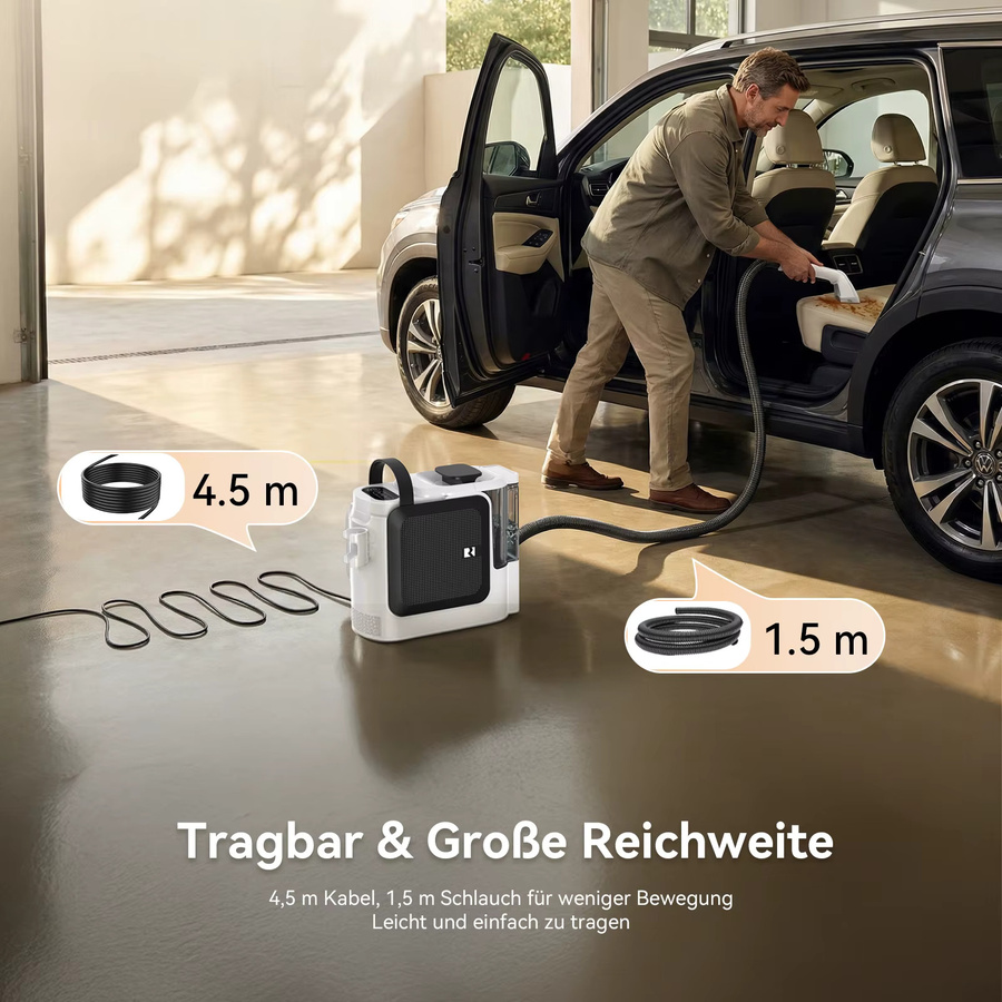 Redroad F1 Tragbarer Teppichreiniger in Weiß mit 1800W, 26kPa Saugkraft und 3 Wassertanks für Kalt-, Warmwasser- und Dampfreinigung zur Entfernung von Tierflecken auf Sofa und Autopolstern - Bild 4