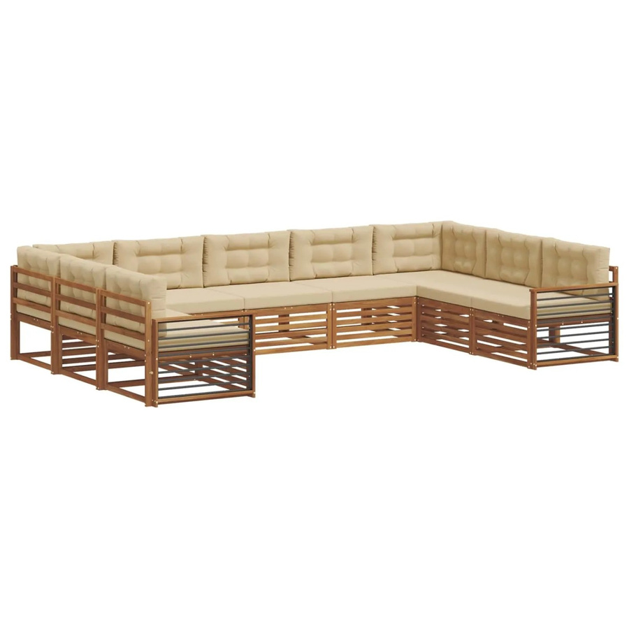 vidaXL Sofagarnitur 9-teilig aus Akazie Massivholz in Natur und Beige mit U-Form und Polsterkissen - Bild 2