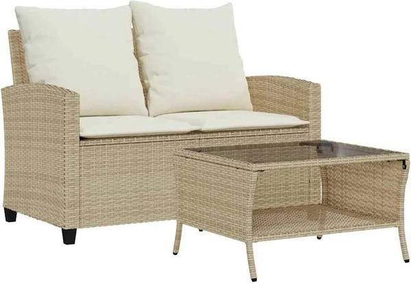 vidaXL Gartensofa 2-Sitzer mit Tisch und Kissen aus Polyrattan in Beige und Weiß