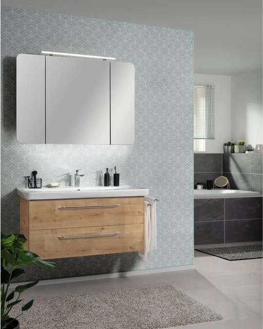 Fackelmann Spiegelschrank Milano in Asteiche mit integrierter LED-Beleuchtung und Softclose-Türen, B/H/T: 110 x 78 x 15,8 cm, Grau/Braun - Bild 1