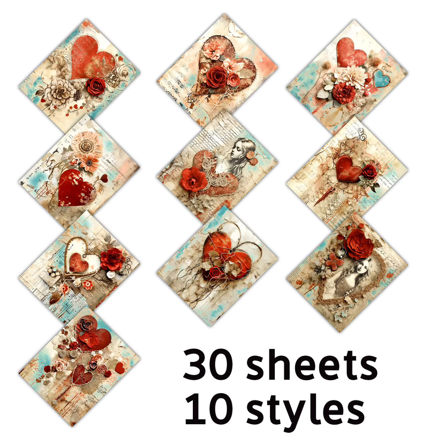 30 Blatt Bastelpapier Vintage-Herz-Rosen-Serie für DIY-Geschenke und Kartenherstellung - Bild 2