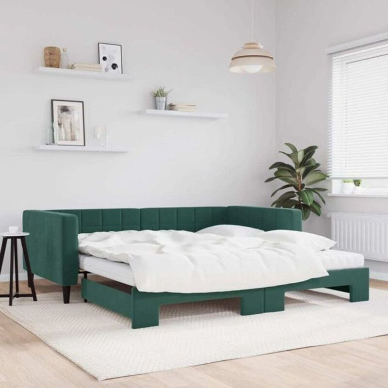 Ausziehbares Funktionsbett mit Matratze von vidaxl in Dunkelgrün aus Samt und Metall, B/T: 100 x 200 cm - Bild 1