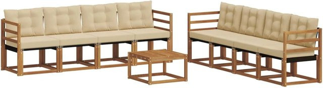vidaXL Outdoor-Sofagarnitur 9-teilig aus Akazienholz und Textilene in Natur und Beige mit Kissen und Tisch - Bild 1