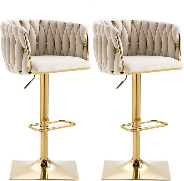Aosom 2er Set Barhocker im Art déco Stil höhenverstellbar und drehbar mit Lehne und Fußstütze aus Samt in Elfenbeinweiß - Bild 1