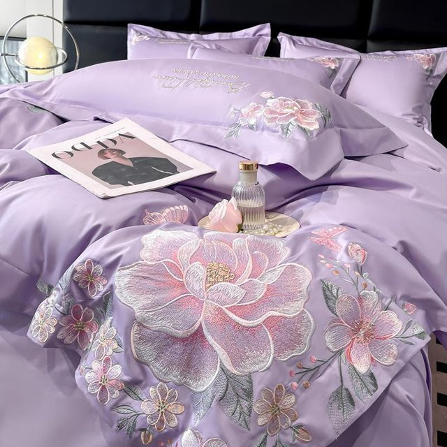 Bin Chi Textiles 4-teiliges Bettwäsche-Set aus 100% Baumwolle mit floraler Bestickung, Farbe Violett, B/H: 200 x 230 cm - Bild 1