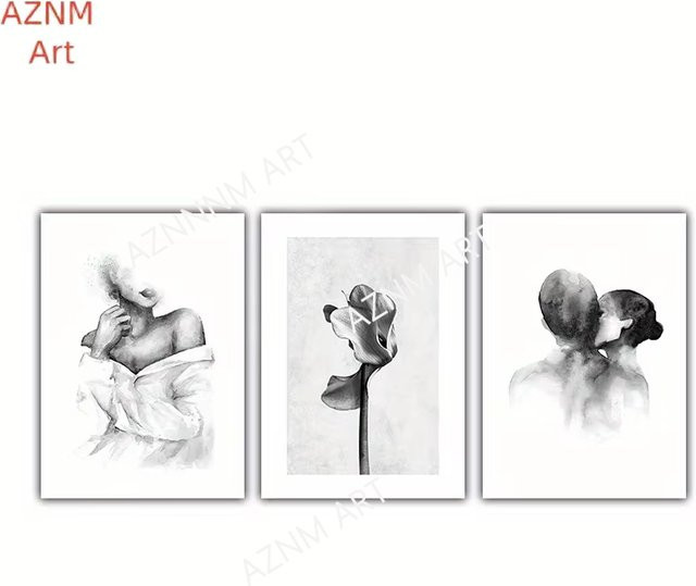 AZNM Wandkunst Set aus Leinwand mit abstrakten Blumenmotiven in Schwarz und Weiß im minimalistischen Nordic-Stil - Bild 1