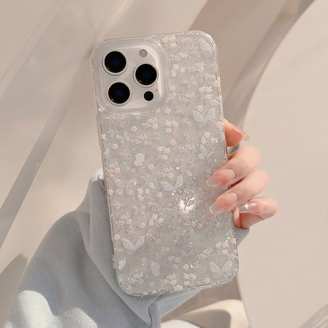 Transparente Handyhülle mit Glitzer-Schmetterling und Blumenmuster für iPhone 12 bis 16 Pro Max, X, XR, XS, stoßfeste Softcase-Abdeckung - Bild 1