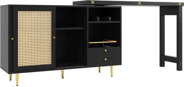 okwish Stehtisch mit Rattantür in Schwarz, erweiterbares Regal im Retro-Design für Küche und Wohnzimmer, B/T/H: 107 x 40 x 71,4 cm - Bild 1
