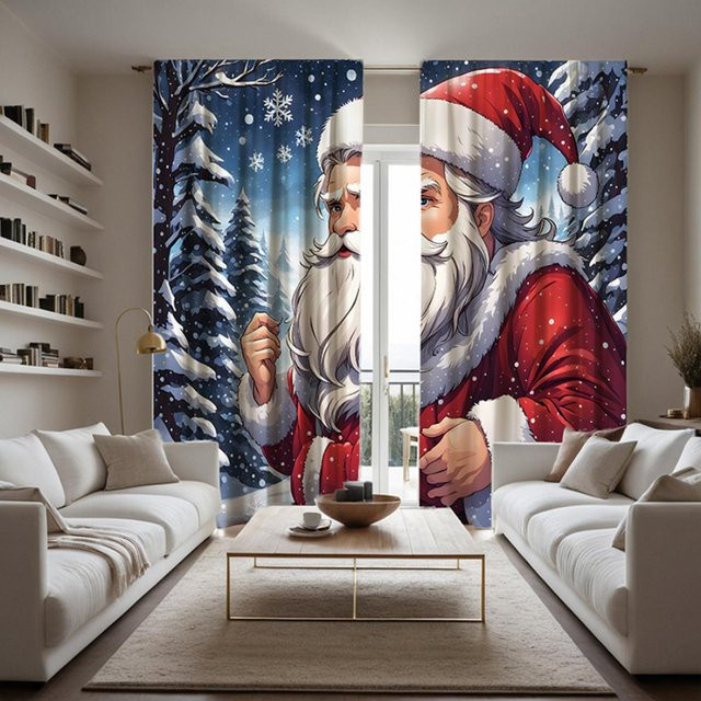 2er-Set Weihnachts Vorhang mit Weihnachtsmann und Schneemotiv, Blau und Weiß, B: 132 cm, H: 160 cm - Bild 1
