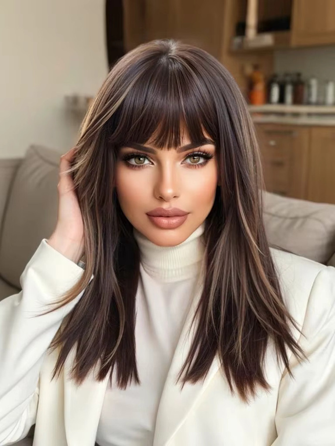 EASIHAIR Synthetische Perücke, mittellang gerade geschichtet, braun, mit Pony, Damen - Bild 4
