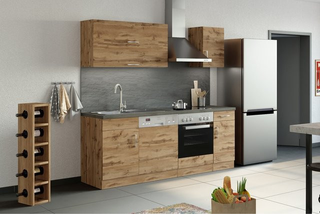 Held Möbel Küchenzeile Sorrento in Wotaneiche, Breite: 210 cm, mit Einbaugeräten und Klappenhängern, Farbe: Braun - Bild 1