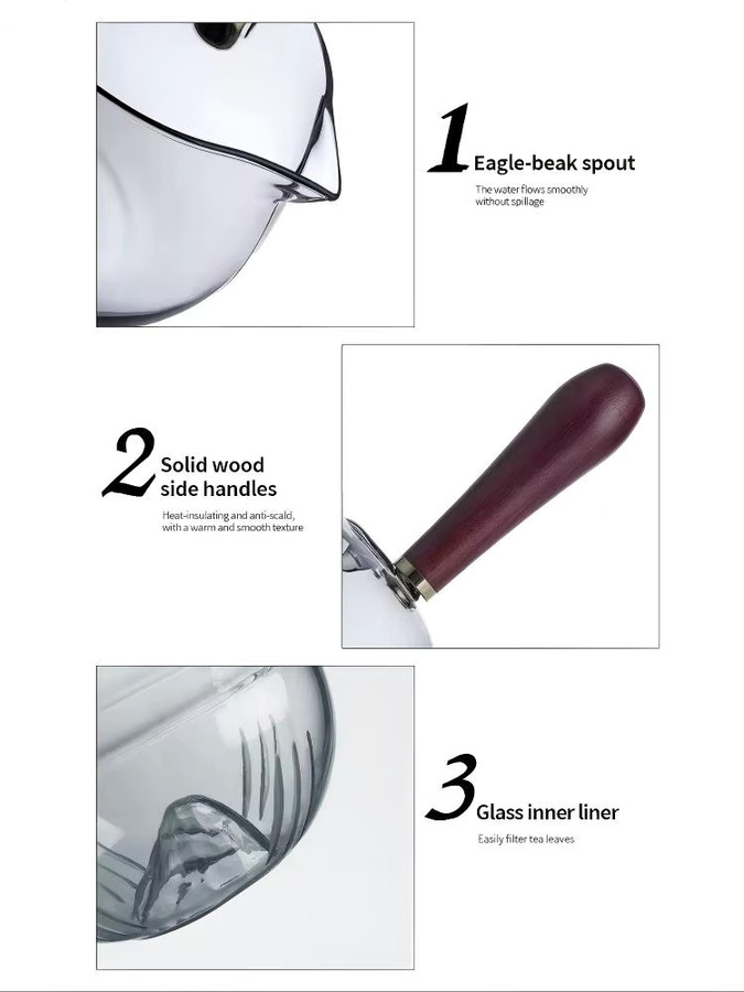 HeY LiLac Teekannen- und Teetassen-Set aus hitzebeständigem Borosilikatglas mit Holzgriff und Infuser in Rauchgrau - Bild 6