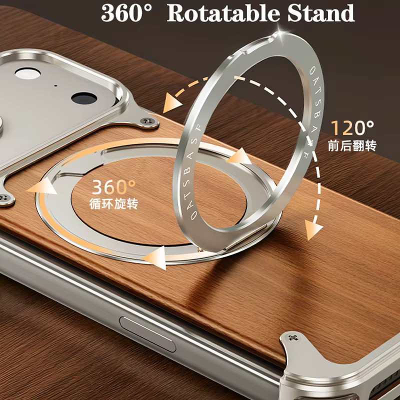Eary Magnetische Holzhülle für iPhone 17 Pro Max Air mit 360 Grad drehbarem Ständer aus massivem Aluminiumholz in Braun und Orange - Bild 3