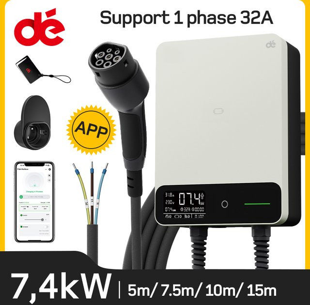 dé Wallbox 7 kW Heimladestation Weiß mit App, 32 A, 1 Phase, Typ 2 Ladekabel (5 m oder 7,5 m) und Stromzähler - Bild 1
