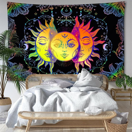 Abstrakter Wandteppich mit Sonnen- und Gesichtsmotiv in Schwarz und Multicolour, Boho Hippie Tapisserie für dein Wohnzimmer, B: 200 cm, H: 150 cm