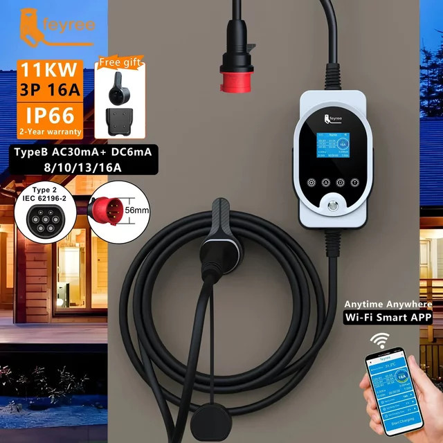 Feyree Typ2 11KW EVSE Wallbox Tragbares Ladegerät mit Wi-Fi Smart APP Control, 16A 3-Phasen Ladestation für Elektroautos, Weiß - Bild 1
