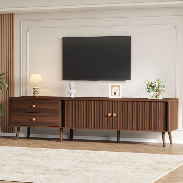 Merax TV Lowboard Braun mit 2 Schubladen und Rollladentüren für bis zu 80 Zoll TV, B/T/H: 180 x 40 x 46,5 cm - Bild 1