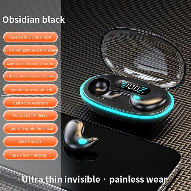 Kebidumei Invisible Sleep Wireless-Ohrhörer, Mini-Bluetooth 5.3 In-Ear-Headsets mit Ladehülle, Geräuschunterdrückung und HiFi-Stereo-Sound, Schwarz - Bild 1