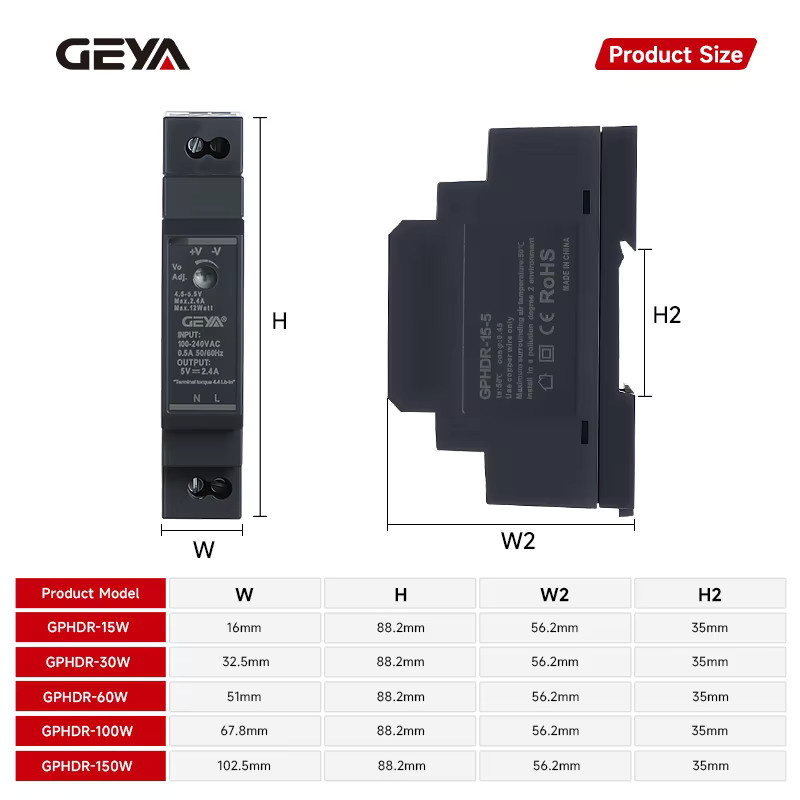 GEYA HDR-Serie DIN-Schiene Netzteil SMPS in Schwarz mit universellem Eingang 100–240 VAC/140–340 VDC und 5/12/24V Ausgang - Bild 2