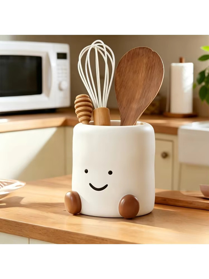 Multifunktionale Smiley-Gesicht Aufbewahrungsbox aus Keramik in Weiß für Besteck, Stäbchen oder Make-up-Pinsel - Bild 4