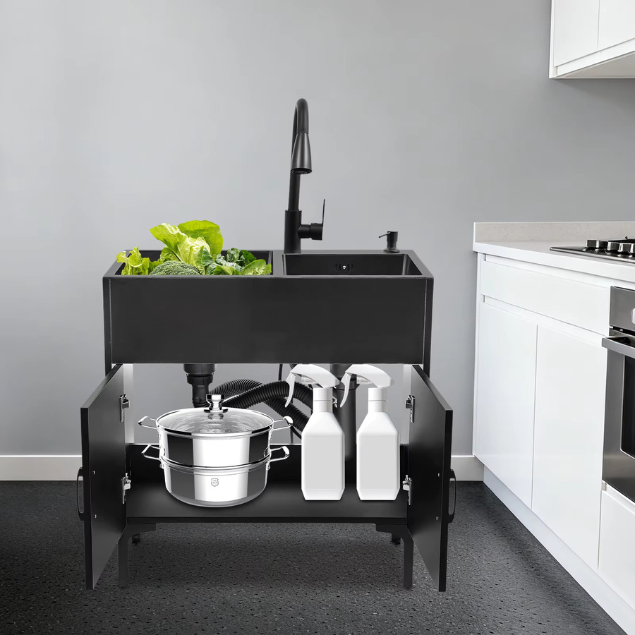 Bymaocar Küchenspüle in Schwarz mit ausziehbarem Wasserhahn und Doppelrille, B/T: 75 x 41 cm - Bild 2