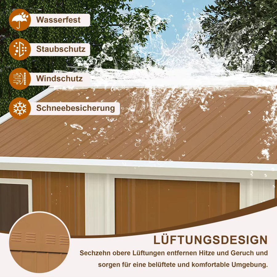 Wetterfester Gartenschuppen aus verzinktem Stahl in Braun mit Sichtfenster und abschließbarer Tür, B: 296 cm, H: 194 cm - Bild 5
