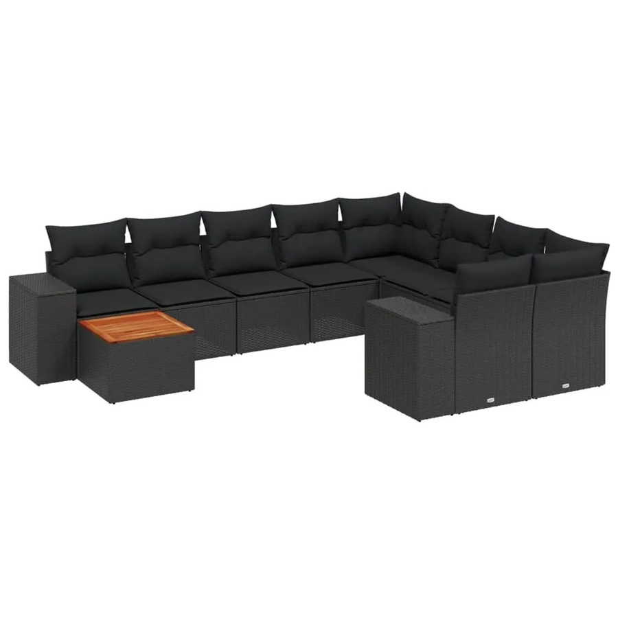 vidaXL 10-tlg. Garten-Sofagarnitur in L-Form aus Polyrattan und Akazienholz mit Kissen, Schwarz - Bild 2