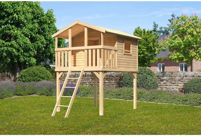Karibu Spielturm Benjamin Stelzenhaus mit Holzleiter in Natur und Braun, B/H/T: 225 x 309 x 250 cm - Bild 1