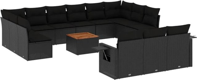 vidaXL 14-tlg. Garten-Sofagarnitur in L-Form aus Polyrattan und Akazienholz mit Kissen, Schwarz - Bild 1
