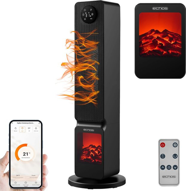 Echos Wifi Heizlüfter mit Kaminillusion in Schwarz, 2000W mit App-Steuerung und Flammeneffekt - Bild 1