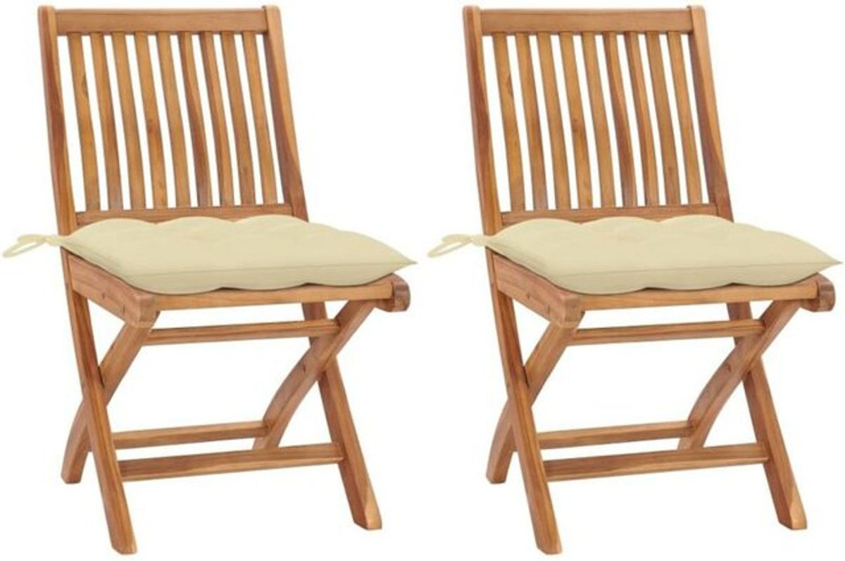 vidaxl Gartenstühle aus Teak-Massivholz mit cremeweißen Kissen, 2er-Set - Bild 1