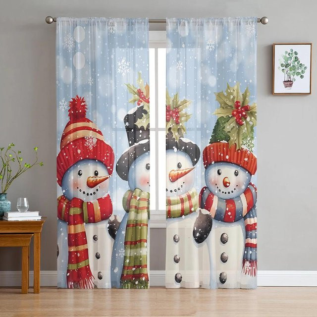 Transparente Weihnachts-Vorhänge mit Schneemann und Schneeflocken in Blau, Tüll-Voile-Fenstervorhänge für Wohnzimmer und Küche, Breite: 135 cm, Höhe: 160 cm - Bild 1