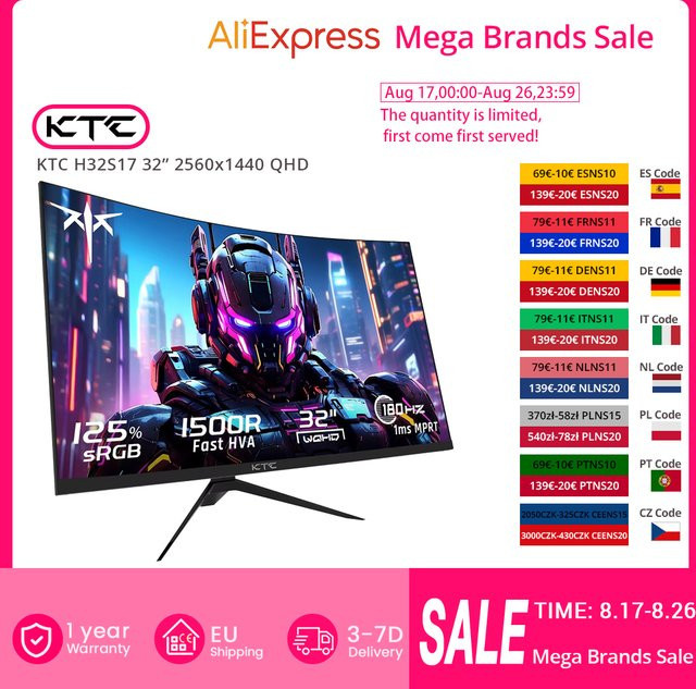 KTC H32S17 Gamingmonitor 32 Zoll Curved 1500R QHD 2560x1440 180Hz HDR10 1ms MPRT Black - Bild 1