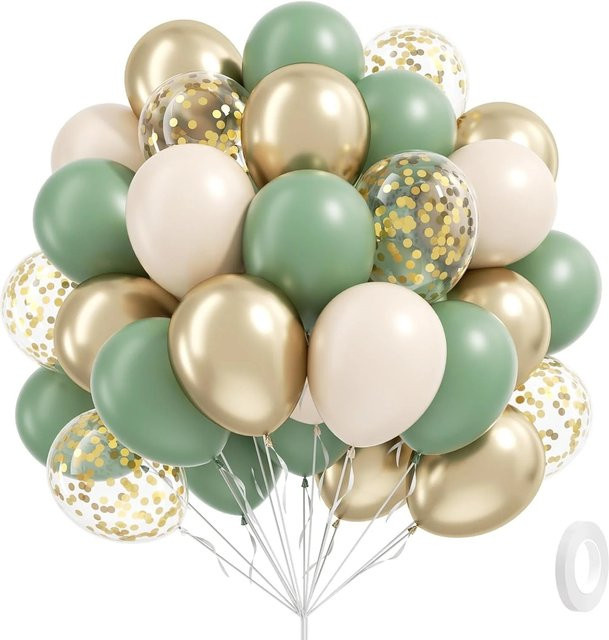 60 Stück Konfetti-Ballons in Salbeigrün, Sandweiß und Gold für deine Boho-Dekoration bei Hochzeiten, Geburtstagen oder Babypartys - Bild 1