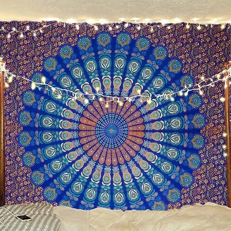 BaiTu Clothes Wandbehang Mandala Pfauen Design in Blau und Gold, Boho Hippie Wandteppich mit floralem und geometrischem Muster, B: 150 cm, H: 130 cm