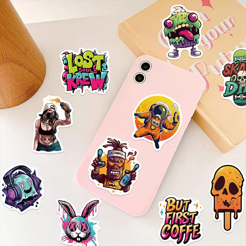 50 Stück Bunte Hip-Hop Musik Graffiti Kunst Aufkleber im Cartoon-Stil für Skateboard und Streetwear, Multicolour - Bild 2