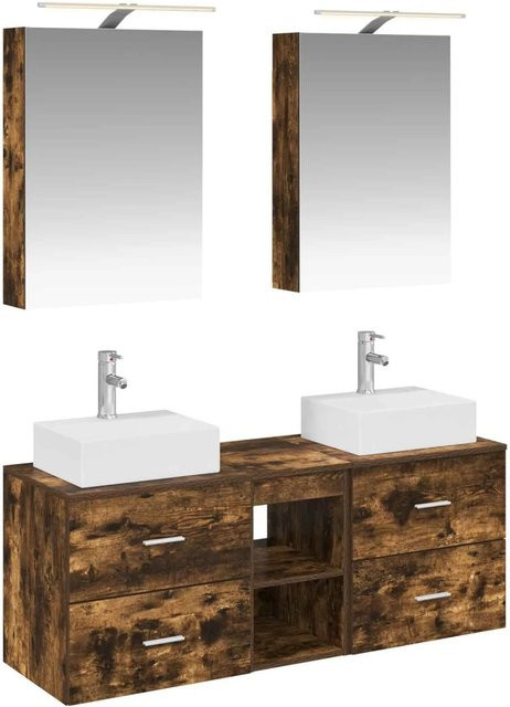 vidaXL Badezimmermöbel-Set 5-teilig aus Eiche in Braun mit LED-Spiegelschrank, Waschtischunterschrank und Wandschrank - Bild 1