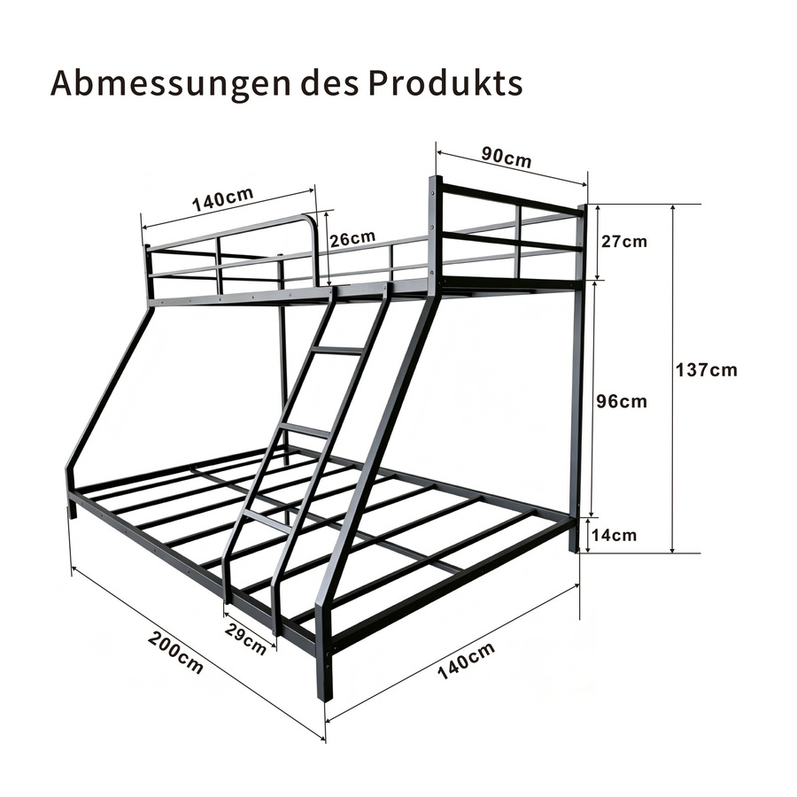 Modernes 2-in-1 Metall-Etagenbett für Erwachsene in Schwarz, passend für Matratzen in 90 x 200 cm und 140 x 200 cm - Bild 4