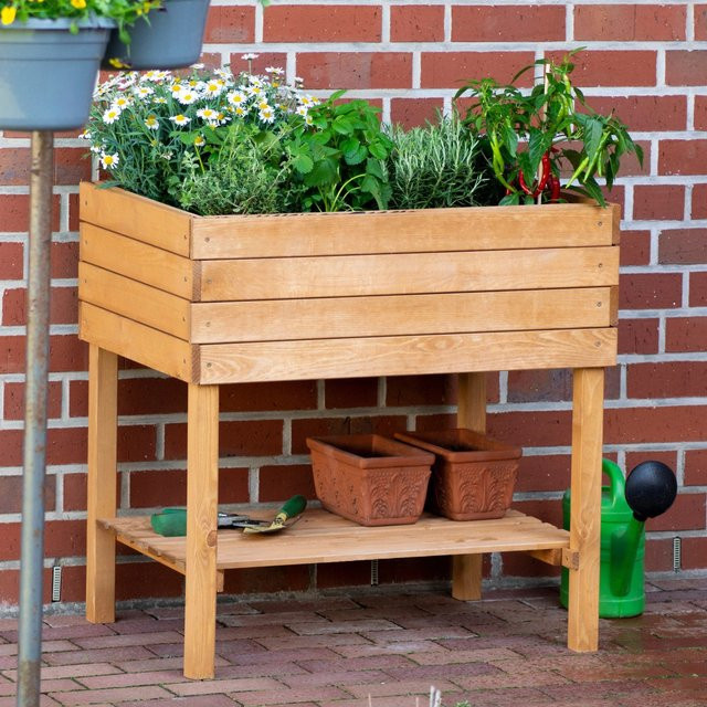 Dobar Hochbeet Kubus aus Kiefernholz mit Ablage und Pflanzfolie, braun, B/T/H: 80 x 80 x 60 cm - Bild 1