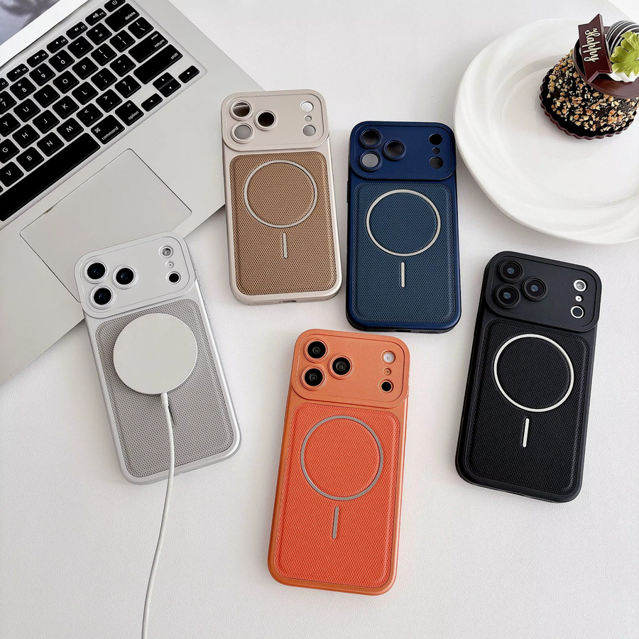 LICOERS Magnetische PU-Leder Hülle für iPhone 17 16 15 14 13 Pro Max mit MagSafe und Kameraschutz in Silver und Orange - Bild 3