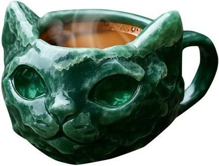 Handgemachte Daydreamer Tasse mit Katzenkopf aus Harz und Faux-Kristall in Grün - Bild 1