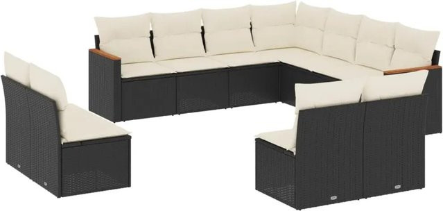 vidaXL 11-tlg. Garten-Sofagarnitur aus Poly-Rattan und Akazienholz in Schwarz mit Kissen und Stauraum - Bild 1