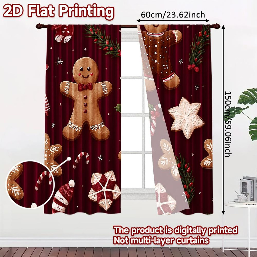 Tonnika Chen Vorhangset mit Weihnachtsmann und Lebkuchen Motiv, 2er Set, blickdicht, Multicolor, Breite: 100 cm, Höhe: 70 cm - Bild 2