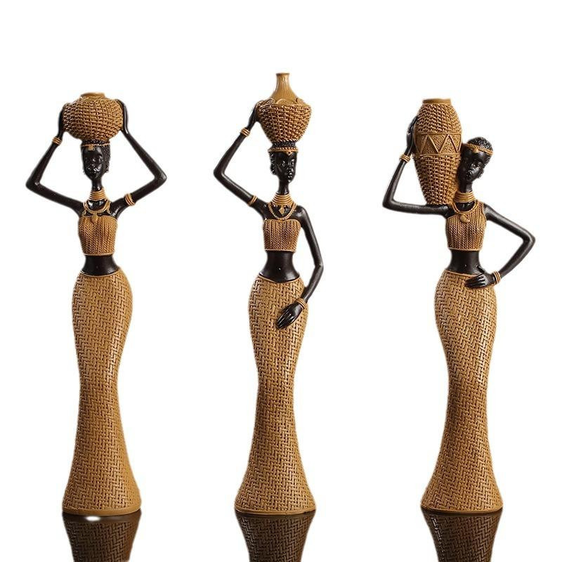 Yiran Furniture Ethnische Dekofigur Afrikanisches Mädchen in Braun und Gold aus Harz - Bild 2