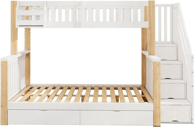 KOMHTOM Kinder-Etagenbett Doppelbett mit Treppenschrank, Schubladen und Ablagekorb, Weiß und Naturfarben, B/T/H: 140 x 120 x 164 cm - Bild 1