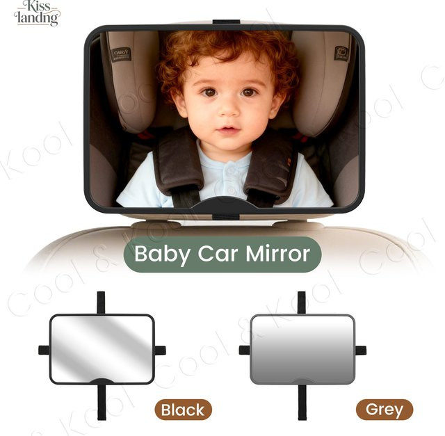 Kisslanding Babyautospiegel in Grau und Schwarz, extra groß und bruchsicher mit UV-blockierendem Gurtband für maximale Sicherheit - Bild 1